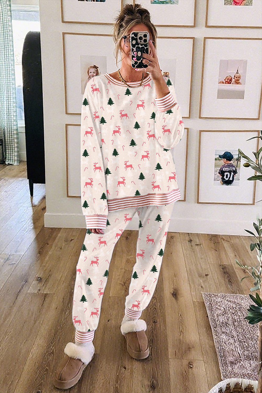Pink Christmas Tree Reindeer Print Contrast Striped Trim Pajama Set