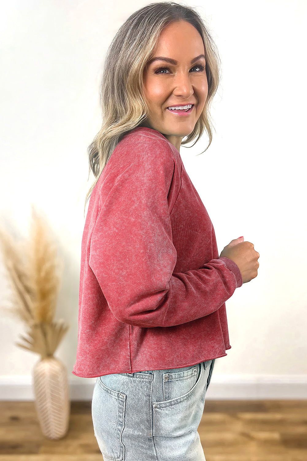Racing Red Solid Color Raglan Sleeve Pullover Sweatshirt