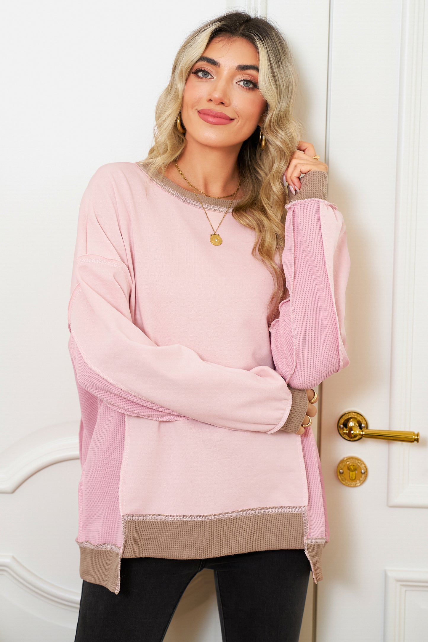 Smoke Green Colorblock Waffle Patchwork Oversize Sweatshirt