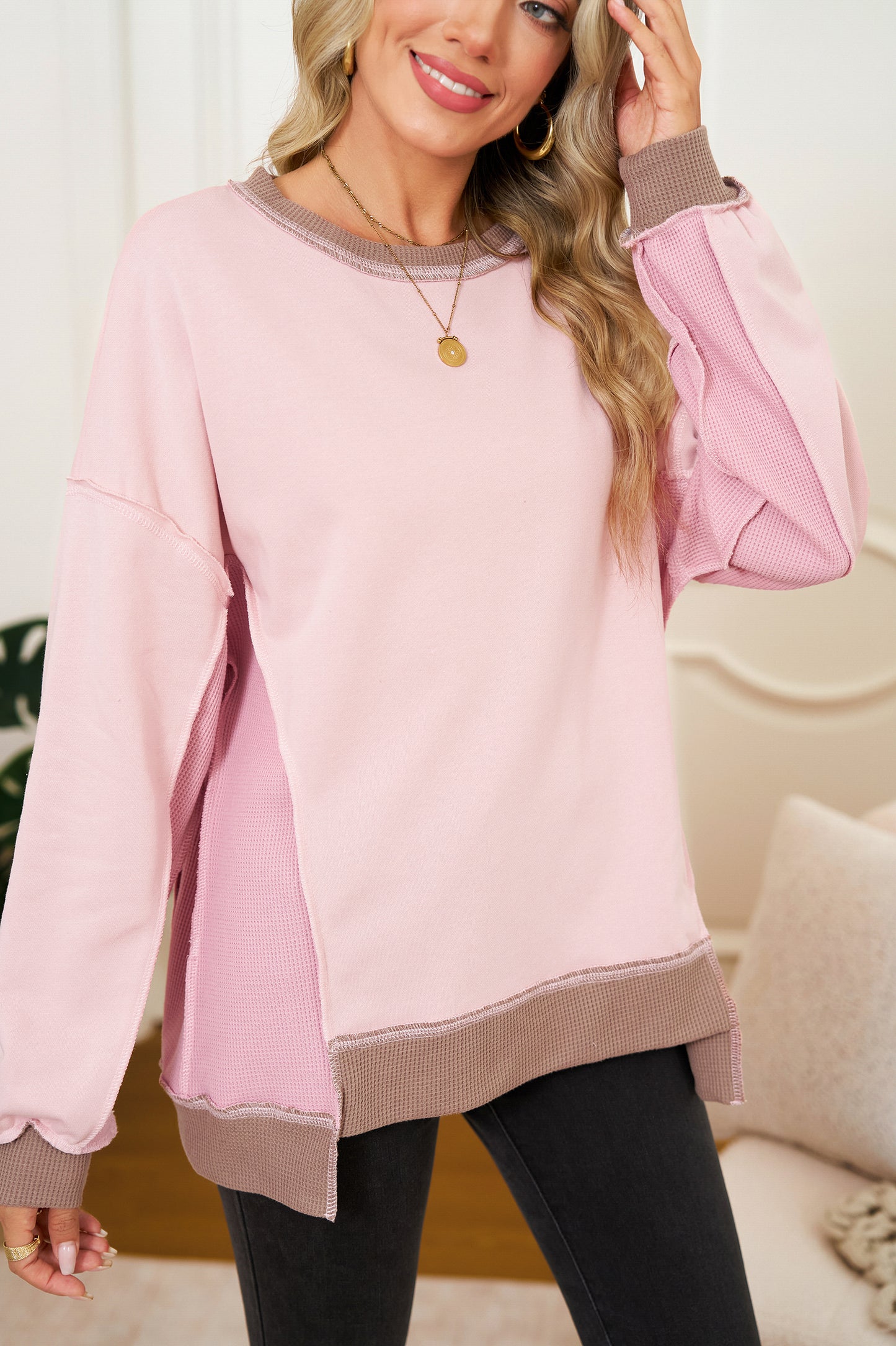 Smoke Green Colorblock Waffle Patchwork Oversize Sweatshirt
