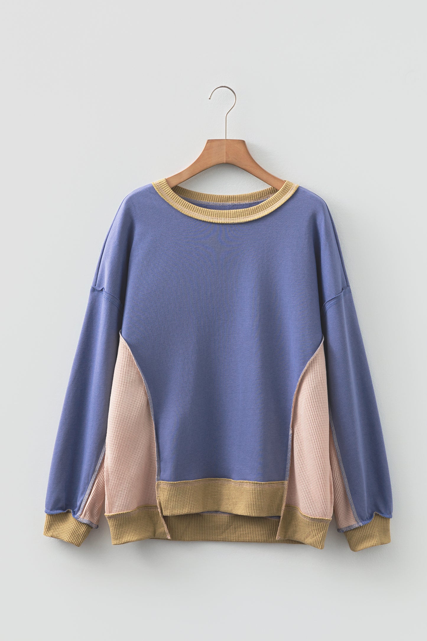 Smoke Green Colorblock Waffle Patchwork Oversize Sweatshirt