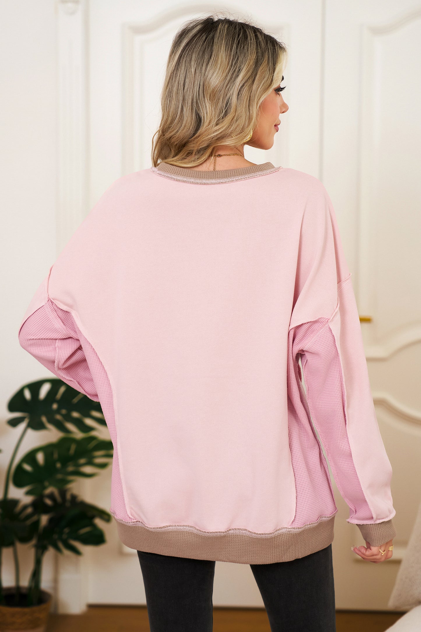 Smoke Green Colorblock Waffle Patchwork Oversize Sweatshirt