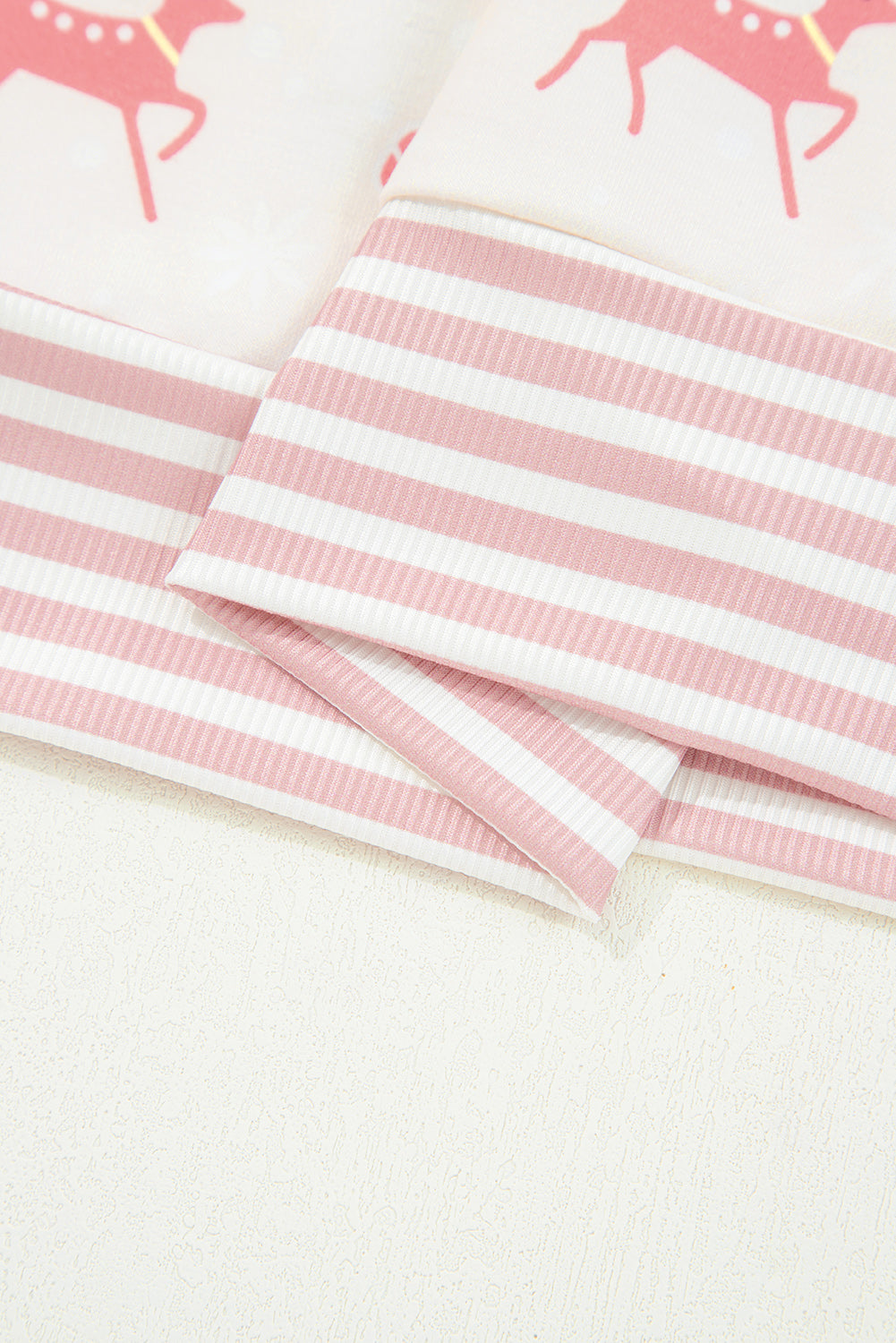 Pink Christmas Tree Reindeer Print Contrast Striped Trim Pajama Set
