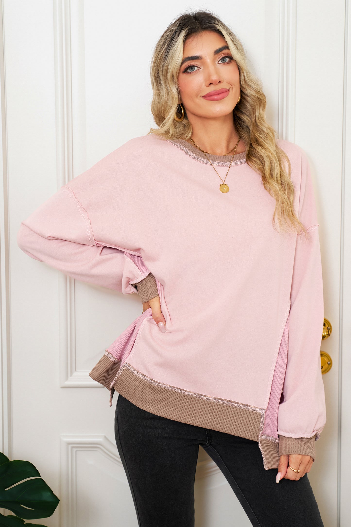 Smoke Green Colorblock Waffle Patchwork Oversize Sweatshirt