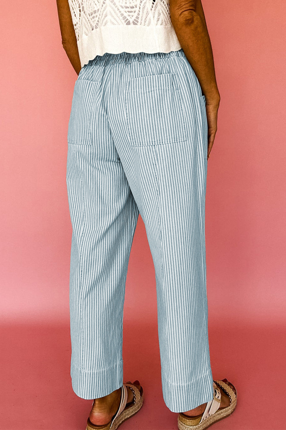 Sky Blue Striped Mid Rise Drawstring Waist Jeans