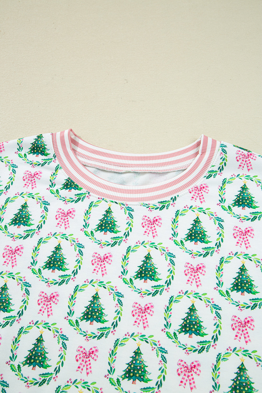 Pink Christmas Tree Reindeer Print Contrast Striped Trim Pajama Set