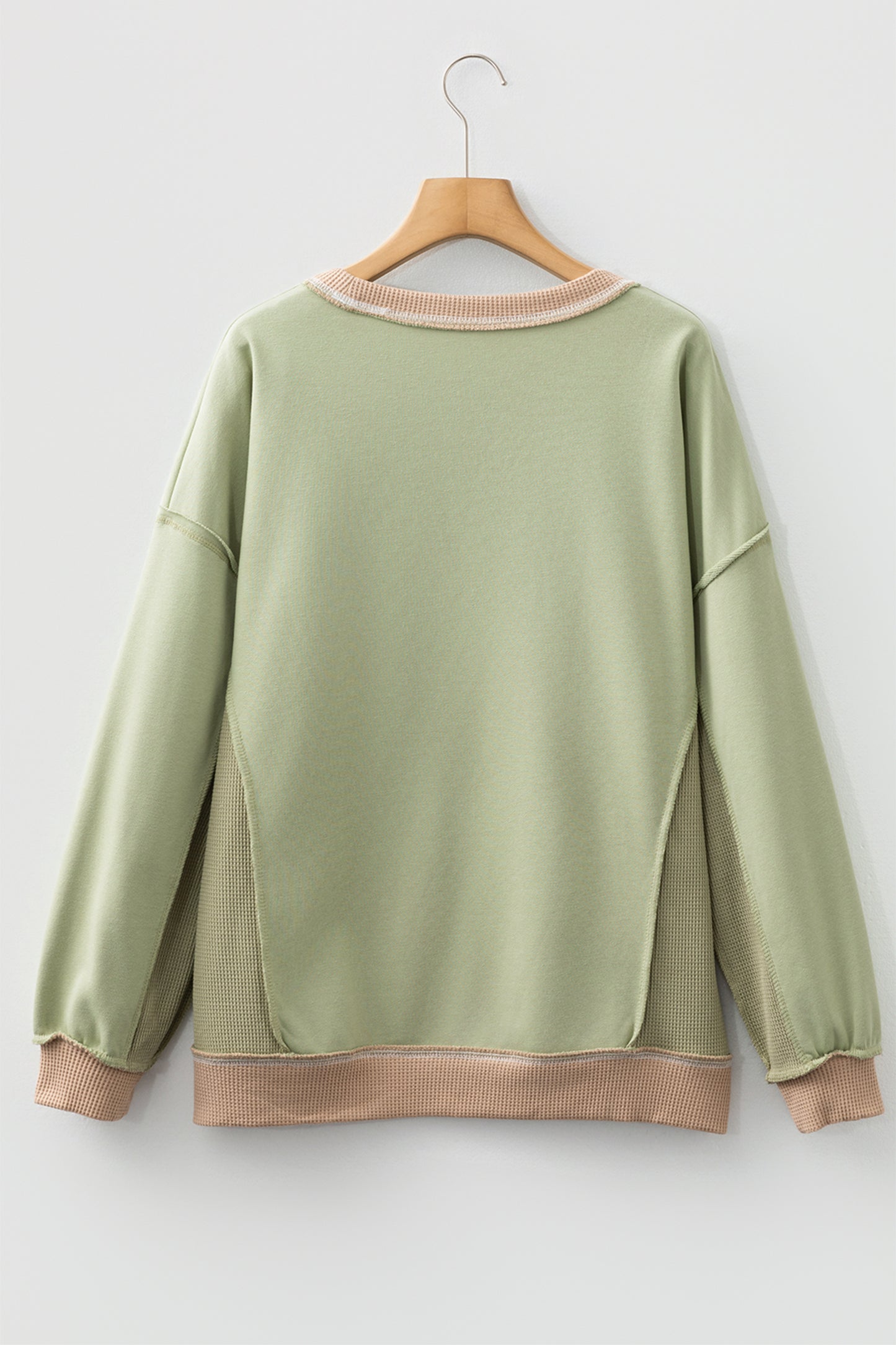 Smoke Green Colorblock Waffle Patchwork Oversize Sweatshirt