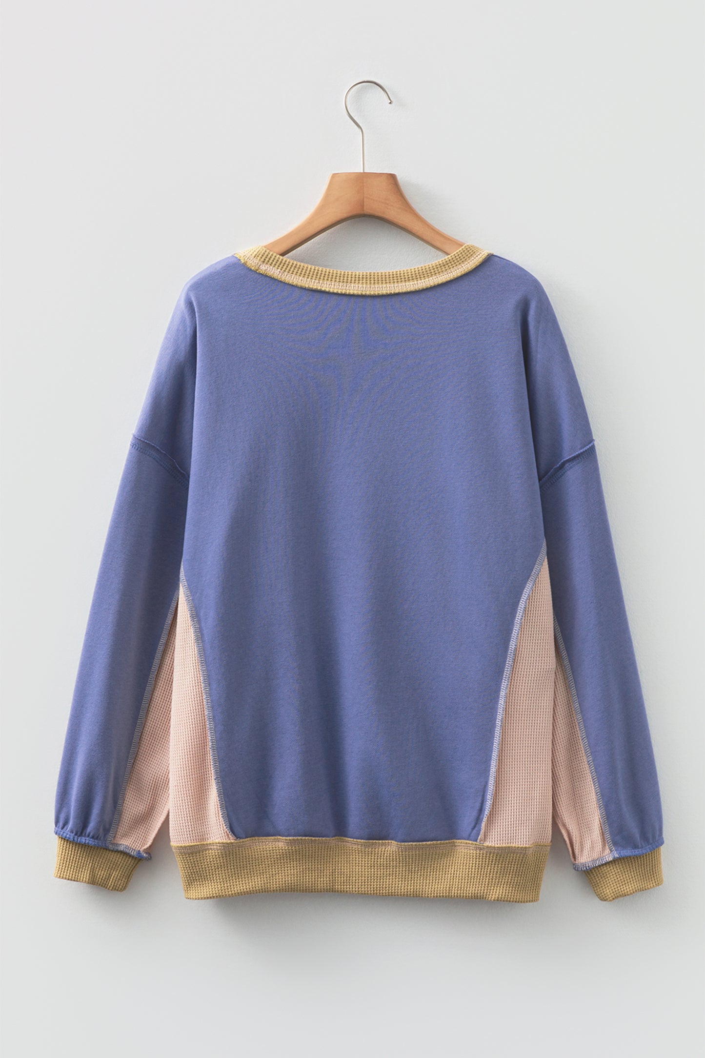 Smoke Green Colorblock Waffle Patchwork Oversize Sweatshirt
