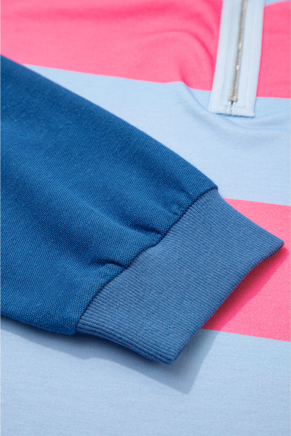 Blue Stripe Colorblock Patchwork Zip-up Plus Size Pullover